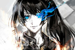 Rule 34 | 10s, 1girl, black hair, black rock shooter, black rock shooter (character), blue eyes, close-up, female focus, glowing, glowing eyes, long hair, monochrome, nagimiso, pale skin, portrait, smile, solo, spot color, twintails