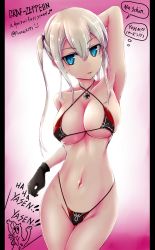 Rule 34 | 10s, 1girl, armpits, bad id, bad pixiv id, bikini, black gloves, blonde hair, blue eyes, breasts, cleavage, criss-cross halter, cross, female focus, franz (217franz), german text, gloves, gradient background, graf zeppelin (kancolle), halterneck, highleg, highleg bikini, highleg swimsuit, highres, iron cross, kantai collection, large breasts, looking at viewer, low twintails, micro bikini, navel, parted lips, pink background, solo, string bikini, swimsuit, thigh gap, twintails, white background