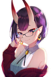Rule 34 | 1girl, bare shoulders, blush, bob cut, breasts, closed mouth, earrings, eyeliner, fate/grand order, fate (series), glasses, highres, horns, itsumi mita, jewelry, long sleeves, looking at viewer, makeup, off-shoulder sweater, off shoulder, oni, pointy ears, purple eyes, purple hair, red sweater, shirt, short hair, shuten douji (fate), simple background, skin-covered horns, sleeveless, sleeveless shirt, small breasts, smile, sweater, white shirt