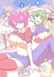 Rule 34 | &gt;:), 5girls, :d, :o, alcohol, areola slip, armpits, arms up, blanket, blonde hair, blue eyes, blunt bangs, blush, blush stickers, bottle, bra, bracelet, breasts, breasts out, brown hair, can, cherry blossoms, cleavage, clothes lift, covered erect nipples, denim, denim skirt, distance, drunk, eyebrows, fang, flashing, gradient background, green hair, groin, hair ribbon, hanami, highres, jeans, jewelry, large breasts, long hair, looking at viewer, miniskirt, multiple girls, navel, nipples, no bra, open mouth, orange hair, original, outdoors, pants, pencil skirt, ponytail, puffy short sleeves, puffy sleeves, purple hair, raglan sleeves, red bra, red legwear, ribbon, shirt lift, short hair, short sleeves, short twintails, sitting, skindentation, skirt, smile, standing, swept bangs, thighhighs, twintails, underwear, undressing, v-shaped eyebrows, whiskey, white skirt, zettai ryouiki