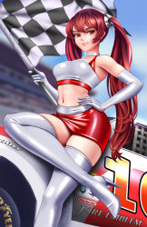 Rule 34 | 1girl, absurdres, adapted costume, boots, car, checkered flag, choker, commission, elbow gloves, fire emblem, fire emblem awakening, flag, gloves, hair tie, high heels, highres, jackary, looking at viewer, motor vehicle, navel, nintendo, race queen, race vehicle, racecar, red hair, severa (fire emblem), solo, thigh boots, thighhighs, tsundere, twintails, white choker