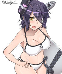 Rule 34 | 10s, 1girl, absurdres, bikini, breasts, checkered clothes, checkered necktie, checkered neckwear, cleavage, eyepatch, hand on own hip, headgear, highres, kantai collection, kickboard, kiritto, large breasts, looking at viewer, necktie, purple hair, short hair, simple background, solo, swimsuit, tenryuu (kancolle), twitter username, white background, white bikini, yellow eyes