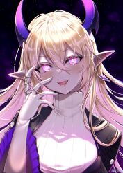 Rule 34 | + +, 1girl, absurdres, black sleeves, blonde hair, blush, breasts, claw ring, crymsie, earrings, gloves, hair between eyes, highres, horns, jewelry, large breasts, layered sleeves, legendary sword, long hair, long sleeves, looking at viewer, open mouth, pink eyes, pleated sleeves, pointy ears, purple horns, rabbi (legendary sword), ribbed shirt, shirt, single earring, smile, solo, two-sided sleeves, white gloves