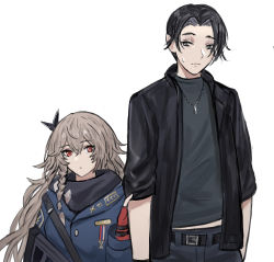Rule 34 | 1boy, 1girl, absurdres, bad id, bad pixiv id, black hair, black jacket, girls&#039; frontline, height difference, highres, holding another&#039;s arm, jacket, long hair, metal, red eyes, selcky, sp9 (girls&#039; frontline), very long hair