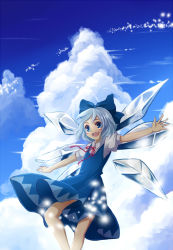Rule 34 | 1girl, :d, bad id, bad pixiv id, blue dress, blue eyes, blue hair, blush, cirno, cloud, day, dress, flying, hair ornament, ice, ice wings, matching hair/eyes, miyakure, open mouth, outstretched arms, ribbon, short hair, sky, smile, solo, spread arms, teeth, touhou, wings