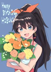 Rule 34 | 1girl, :d, black hair, blue background, blue eyes, bouquet, breast hold, breasts, camisole, character name, commentary, earrings, english text, fang, flower, ganaha hibiki, hair ribbon, halterneck, happy birthday, highres, holding, holding bouquet, hoop earrings, idolmaster, idolmaster (classic), jewelry, long hair, looking at viewer, open mouth, orange ribbon, ponytail, ribbon, shirt, simple background, smile, solo, sutora binsuke, upper body, white shirt