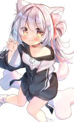 Rule 34 | &gt;:), animal ears, claw pose, dog ears, dog tail, gau (n00 shi), highres, hood, hood down, hoodie, long hair, long sleeves, looking at viewer, no pants, original, oversized clothes, silver hair, tail, v-shaped eyebrows, white background, yellow eyes