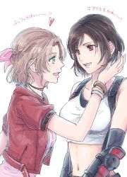 Rule 34 | 2girls, :d, aerith gainsborough, alternate hair length, alternate hairstyle, aqua eyes, braid, breasts, brown hair, collarbone, elbow gloves, elbow pads, final fantasy, final fantasy vii, final fantasy vii remake, gloves, hair ribbon, height difference, highres, jacket, large breasts, looking at another, medium hair, midriff, multiple girls, navel, open mouth, parted bangs, pink ribbon, red eyes, red jacket, ribbon, short hair, short sleeves, smile, square enix, suspenders, swept bangs, tank top, teeth, tifa lockhart, translation request, upper teeth only, warori anne, white tank top