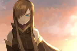 Rule 34 | 1girl, black sleeves, blue eyes, brown hair, closed mouth, day, detached sleeves, hair over one eye, long hair, looking at viewer, outdoors, rourou ill, sky, smile, solo, straight hair, tales of (series), tales of the abyss, tear grants, upper body, very long hair