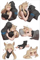 Rule 34 | !, !!, 1girl, 1other, absurdres, animal ear fluff, animal ears, arknights, bare shoulders, black gloves, black shirt, blonde hair, blush, breasts, doctor (arknights), gloves, hand on another&#039;s cheek, hand on another&#039;s face, heart, highres, holding hands, hood, hooded jacket, horse ears, horse girl, interlocked fingers, jacket, long hair, najashi, nearl (arknights), pillow, ponytail, shirt, simple background, sleeveless, sleeveless shirt, smile, turtleneck, waking up, white background, yellow eyes