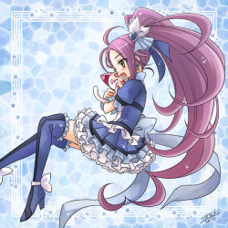 Rule 34 | 10s, 1girl, 2011, ;d, bad id, bad pixiv id, blue background, blue footwear, blue skirt, blue thighhighs, boots, bow, cat, cure beat, dress, earrings, frills, full body, hair ornament, hair ribbon, hairpin, happy, heart, hug, hummy (suite precure), jewelry, kurokawa eren, long hair, magical girl, mosaic background, one eye closed, open mouth, ponytail, precure, purple hair, ribbon, seiren (suite precure), skirt, smile, solo, suite precure, thigh boots, thighhighs, wink, yellow eyes, yuzumina