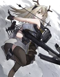 Rule 34 | 1girl, alternate hairstyle, antlers, arknights, arrow (projectile), bare arms, bare shoulders, black footwear, black gloves, black thighhighs, bow (weapon), commentary request, crossbow, dress, firewatch (arknights), firewatch (wilted cypress) (arknights), gloves, grey dress, grey eyes, grey hair, hair down, highres, holding, holding bow (weapon), holding crossbow, holding weapon, horn/wood, horns, long hair, mouth hold, official alternate costume, quiver, shoes, short dress, solo, thighhighs, weapon