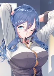Rule 34 | 1girl, arms up, blew andwhite, blue eyes, blue hair, blush, breasts, gotland (kancolle), hair between eyes, hair tie in mouth, highres, holding, holding own hair, kantai collection, long hair, long sleeves, looking at viewer, mole, mole under eye, mouth hold, shirt, signature, solo, upper body