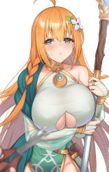 Rule 34 | 1girl, ;d, absurdres, ahoge, alternate costume, aqua eyes, bare shoulders, breasts, cleavage, cleavage cutout, clothing cutout, collarbone, cosplay, covered erect nipples, detached sleeves, flower, green sleeves, hair flower, hair ornament, highres, holding, holding staff, huge breasts, kokkoro (princess connect!), kokkoro (princess connect!) (cosplay), komainu (yamaha1997), long hair, looking at viewer, one eye closed, open mouth, orange hair, pecorine (princess connect!), pov, princess connect!, scissors, see-through, see-through sleeves, simple background, smile, solo, staff, teeth, underboob, underboob cutout, upper teeth only, white background