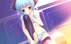 Rule 34 | 1girl, bent over, blue hair, bow, bow bra, bra, breasts, buruma, child, clothes lift, game cg, panties, prism magical, shirt, shirt lift, short hair, sitting, small breasts, solo, striped clothes, striped panties, tanihara natsuki, thighs, track suit, underwear, wachi yuri, wet, white bra