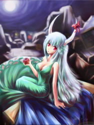 Rule 34 | 1girl, :o, apple, bare shoulders, bea tori, breasts, cleavage, dress, ex-keine, female focus, food, fruit, full moon, green hair, highres, holding, holding food, holding fruit, horns, kamishirasawa keine, lens flare, long hair, moon, red eyes, ribbon, solo, strap slip, touhou
