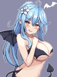 Rule 34 | 1girl, ahoge, bare shoulders, blush stickers, breasts, cleavage, demon girl, demon tail, demon wings, elf, halloween costume, heart, heart ahoge, hololive, large breasts, licking lips, long hair, pixel art, pointy ears, revealing clothes, simple background, solo, tail, tongue, tongue out, twisted torso, virtual youtuber, wings, yellow eyes, yukihana lamy, zou eita