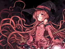 Rule 34 | 1girl, bare shoulders, blush, choker, cierra (riviera), dress, elbow gloves, flat chest, focke wulf, gloves, glowing, hat, long hair, magic, pink eyes, red eyes, red hair, riviera, solo, staff, very long hair, wallpaper, witch, witch hat