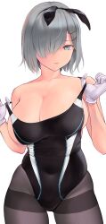 Rule 34 | 1girl, bare shoulders, black one-piece swimsuit, blue eyes, blush, breasts, collarbone, competition swimsuit, covered navel, gloves, grey hair, hair ornament, hair over one eye, hairclip, hamakaze (kancolle), highleg, highleg swimsuit, highres, kantai collection, large breasts, looking at viewer, one-piece swimsuit, pantyhose, pantyhose under swimsuit, short hair, solo, swimsuit, wa (genryusui), white gloves
