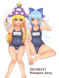 Rule 34 | 2girls, arm up, artist name, ass, bare arms, bare legs, bare shoulders, barefoot, blonde hair, blue bow, blue eyes, blue hair, blue one-piece swimsuit, bow, breasts, cameltoe, character name, cirno, clownpiece, commentary request, covered navel, fairy wings, feet out of frame, grin, hair between eyes, hair bow, hat, highres, ice, ice wings, jester cap, knee up, long hair, looking at viewer, multiple girls, name tag, one-piece swimsuit, one eye closed, open mouth, ougi hina, polka dot, polka dot headwear, purple eyes, purple headwear, school swimsuit, short hair, sidelocks, sitting, small breasts, smile, standing, swimsuit, tan, thighs, touhou, translated, twitter username, very long hair, w, wings