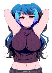 Rule 34 | 1girl, aqua hair, arms behind head, arms up, belt, black sweater, blue hair, breasts, brown eyes, closed mouth, cropped sweater, half-closed eyes, head wings, highres, kemono friends, large breasts, long hair, looking at viewer, mamiyama, multicolored hair, navel, passenger pigeon (kemono friends), ribbed sweater, seductive smile, sleeveless, sleeveless sweater, smile, solo, sweater, toned, upper body, wings