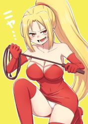 Rule 34 | 1girl, bare shoulders, blonde hair, breasts, cleavage, collarbone, covered navel, dress, elbow gloves, gloves, highres, holding, holding whip, large breasts, long hair, looking at viewer, oogushi aritomo, panties, ponytail, red dress, red gloves, short dress, shynesslady, simple background, solo, star ocean, star ocean the second story, strapless, underwear, very long hair, whip, white panties