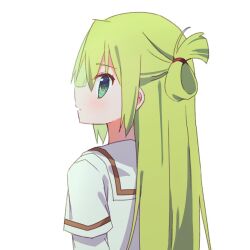Rule 34 | 1girl, alina gray, blush, closed mouth, commentary request, from behind, green eyes, green hair, hair between eyes, highres, layered sleeves, long hair, long sleeves, looking at viewer, looking back, magia record: mahou shoujo madoka magica gaiden, mahou shoujo madoka magica, profile, ruru (rurumagi), sakae general school uniform, school uniform, shirt, short over long sleeves, short sleeves, sidelocks, simple background, single hair ring, solo, straight hair, upper body, white background, white shirt