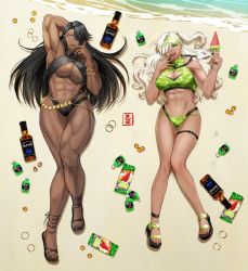 Rule 34 | 2girls, abs, absurdres, alcohol, anklet, arm behind head, beach, belly chain, bikini, black bikini, black hair, black nails, breasts, candy, coin, commentary, dark-skinned female, dark skin, eyelashes, eyeshadow, fang, food, from above, fruit, full body, gluteal fold, hair over one eye, halterneck, hand in mouth, highres, jewelry, large breasts, leg belt, long hair, lying, makeup, multiple girls, muscular, muscular female, nail polish, navel piercing, ocean, on back, original, piercing, popsicle, popsicle stick, sand, sandals, smile, solo, sunsirou, swimsuit, symbol-only commentary, tan, thick thighs, thighs, toenail polish, toenails, watermelon