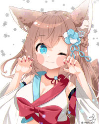 Rule 34 | + +, 1girl, absurdres, animal ears, blue eyes, blush stickers, braid, breasts, brown hair, choker, claw pose, cleavage, crossed bangs, dithering, fang, flower, fox ears, french braid, hair flower, hair ornament, highres, indie virtual youtuber, japanese clothes, kimono, large breasts, long hair, looking at viewer, nail polish, nontraditional miko, one eye closed, original, red nails, ribbon choker, skin fang, smile, snowflake background, solo, u da desu, upper body, virtual youtuber, yukinome (vtuber)