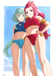 Rule 34 | 2girls, aikatsu! (series), aikatsu friends!, alicia charlotte, aqua hair, bikini, blue bikini, blue sky, breast envy, breasts, cloud, flat chest, from below, highres, long hair, looking at another, looking at viewer, low twintails, medium breasts, multiple girls, navel, open mouth, osame, pink eyes, pink hair, red bikini, sky, smile, swimsuit, tensho hibiki, twintails