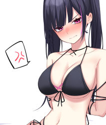 Rule 34 | 1girl, anger vein, arms behind back, bare shoulders, bikini, black bikini, black choker, black hair, blush, breasts, choker, cleavage, closed mouth, front-tie bikini top, front-tie top, frown, halterneck, highres, ichiki 1, large breasts, long hair, looking at viewer, multi-strapped bikini, multicolored hair, navel, nose blush, original, purple eyes, restrained, side-tie bikini bottom, sidelocks, simple background, solo, spoken anger vein, stomach, streaked hair, string bikini, swimsuit, twintails, upper body, v-shaped eyebrows, white background