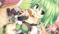 Rule 34 | 1other, 2boys, aquaplus, black gloves, braid, breasts, dungeon travelers 2, eating, fingerless gloves, food, from above, glasses, gloves, green eyes, green hair, holding, holding food, ice cream, licking, looking at viewer, matching hair/eyes, midriff, monica macy, multiple boys, navel, outdoors, plant, semi-rimless eyewear, solo focus, standing, sumaki shungo, twin braids