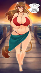 Rule 34 | 1girl, animal ears, bikini, breasts, brown hair, cleavage, cow ears, cow horns, cow tail, eikasianspire, green eyes, highres, horns, huge breasts, plump, solo, speech bubble, swimsuit, tail, thick thighs, thighs, wide hips