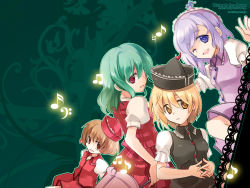 Rule 34 | 4girls, blonde hair, brown eyes, brown hair, english text, engrish text, female focus, green hair, hair over one eye, hat, highres, inuinui, kazami yuuka, light purple hair, looking back, lunasa prismriver, lyrica prismriver, merlin prismriver, multiple girls, musical note, one eye closed, open mouth, own hands clasped, own hands together, parted lips, plaid, plaid skirt, plaid vest, purple eyes, ranguage, red eyes, salute, short hair, skirt, skirt set, smile, touhou, umbrella, vest, wallpaper, yellow eyes