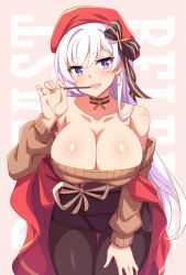 Rule 34 | 1girl, aran sweater, azur lane, bare shoulders, belfast (azur lane), belfast (shopping with the head maid) (azur lane), beret, black pantyhose, black skirt, blue eyes, blush, breasts, brown sweater, cable knit, character name, choker, cleavage, collarbone, earrings, food, hanging breasts, hat, head tilt, highres, hoop earrings, jewelry, large breasts, leaning forward, long hair, looking at viewer, mmrailgun, off-shoulder sweater, off shoulder, open mouth, pantyhose, pencil skirt, pocky, red hat, shawl, skirt, smile, solo, sweater, very long hair, white hair