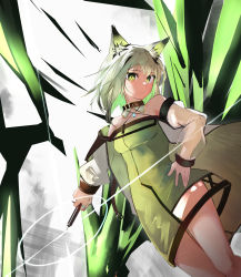 Rule 34 | 1girl, absurdres, animal ear fluff, animal ears, ao oni (onioni-aoi), arknights, bare shoulders, cat ears, closed mouth, coat, collared shirt, commentary request, dated, dress, feet out of frame, green dress, green eyes, green hair, hand on own hip, highres, holding, holding syringe, jewelry, kal&#039;tsit (arknights), looking at viewer, material growth, medium hair, off-shoulder dress, off shoulder, open clothes, open coat, oripathy lesion (arknights), partial commentary, ring, shirt, solo, standing, syringe, white coat