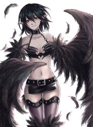 Rule 34 | 1girl, belt, black hair, black harpy, black wings, breasts, collar, collarbone, commentary, earrings, english commentary, feathered wings, feathers, groin, hair between eyes, harpy, highres, jewelry, looking at viewer, medium breasts, microskirt, monster girl, monster girl encyclopedia, navel, o-ring, parted lips, pointy ears, red eyes, short hair, simple background, skirt, smile, solo, stomach, studded belt, thighhighs, white background, winged arms, wings, zakirsiz