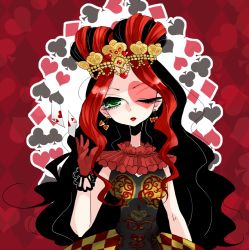 Rule 34 | 1girl, argyle, argyle background, argyle clothes, black hair, earrings, ever after high, female focus, gloves, green eyes, jewelry, lipstick, looking at viewer, makeup, red hair, red lips, solo, yorumori chiyo