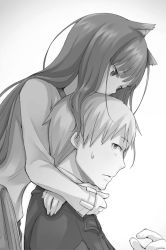 Rule 34 | 1boy, 1girl, animal ears, ayakura juu, couple, craft lawrence, gradient background, greyscale, holo, long hair, monochrome, novel illustration, official art, spice and wolf, sweatdrop, very long hair, wolf ears