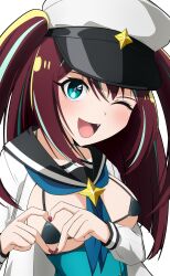 Rule 34 | 1girl, ;d, akoya matama, bikini, bikini top only, black bikini, black sailor collar, blue eyes, blue neckerchief, breasts, brown hair, cabbie hat, collar, commentary, fang, green eyes, green skirt, hat, hat ornament, heart, heart hands, high-waist skirt, highres, hotarub, large breasts, loco musica, long hair, long sleeves, looking at viewer, magical girl, mahou shoujo ni akogarete, multicolored hair, neckerchief, one eye closed, open mouth, sailor collar, skirt, smile, solo, star (symbol), star hat ornament, streaked hair, swimsuit, two side up, white collar, white hat