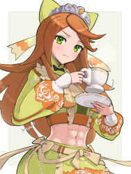 Rule 34 | 1girl, abs, bow, bowtie, brown hair, crop top, cup, etie (fire emblem), fire emblem, fire emblem engage, gonzarez, green bow, green bowtie, green eyes, highres, holding, holding plate, long hair, long sleeves, navel, nintendo, plate, puffy long sleeves, puffy sleeves, simple background, solo, stomach, sweatdrop, teacup, trembling