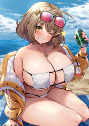 Rule 34 | 1girl, absurdres, ahoge, anis (nikke), anis (sparkling summer) (nikke), bikini, blue sky, blush, breasts, brown hair, cloud, commentary request, day, eyewear on head, goddess of victory: nikke, grin, hand up, highres, huge breasts, jacket, long sleeves, looking at viewer, one eye closed, short hair, sitting, sky, smile, solo, strapless, strapless bikini, sunglasses, swimsuit, tenneko yuuri, thighs, white bikini, yellow eyes, yellow jacket