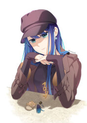 Rule 34 | 1girl, absurdres, aqua eyes, baseball cap, black hat, black shirt, blue hair, border, breasts, brown jacket, c10h12o2, character name, chinese commentary, closed mouth, commentary, earrings, english commentary, fading border, hat, highres, jacket, jewelry, kurokawa akane, long hair, long sleeves, looking at viewer, medium breasts, mixed-language commentary, necklace, official alternate hair length, official alternate hairstyle, open clothes, open jacket, oshi no ko, shirt, sidelocks, simple background, sleeves past wrists, solo, twitter username, variant set, white background, white border