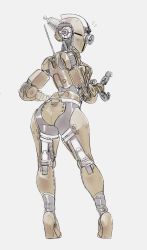 Rule 34 | 1girl, ass, assaultron, from behind, grey background, highres, humanoid robot, looking back, one-eyed, open hand, original, radio antenna, robot, science fiction, sketch, solo, surprised, symbol-only commentary, tyto alba