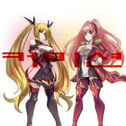 Rule 34 | 2girls, aged up, azur lane, boots, breasts, cleavage cutout, clothing cutout, cosplay, costume switch, crossover, fire emblem, fire emblem: three houses, hilda valentine goneril, hilda valentine goneril (cosplay), korean commentary, korean text, large breasts, lazy ant, long hair, military, military uniform, multiple girls, naval uniform, nelson (azur lane), nelson (azur lane) (cosplay), nintendo, star (symbol), thigh boots, uniform