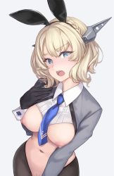 Rule 34 | 1girl, alternate costume, animal ears, black pantyhose, blonde hair, blue eyes, blue necktie, braid, breasts, colorado (kancolle), cowboy shot, fake animal ears, female pubic hair, grey background, groin, headgear, kantai collection, large breasts, looking at viewer, meme attire, navel, necktie, nipples, open mouth, pantyhose, pubic hair, rabbit ears, reverse bunnysuit, reverse outfit, rokuwata tomoe, short hair, side braid, side braids, simple background, single braid, solo, teeth, upper teeth only, wrist cuffs