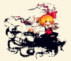 Rule 34 | 1girl, ascot, black vest, blonde hair, darkness, hair ribbon, lowres, outstretched arms, pixel art, red ascot, red eyes, ribbon, rumia, short hair, skirt, skirt set, solo, spread arms, tea basira, touhou, vest, white background