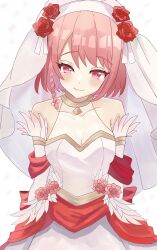 Rule 34 | 1girl, bare shoulders, bridal veil, bride, dress, fire emblem, fire emblem engage, fire emblem heroes, flower, gold trim, hairband, highres, lapis (fire emblem), lapis (mighty bride) (fire emblem), n 54, nintendo, official alternate costume, pink eyes, pink hair, red flower, red rose, rose, solo, two-tone hairband, veil, wedding dress, white dress, white hairband