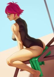 Rule 34 | 1girl, absurdres, arched back, ass, barefoot, borrowed character, breasts, competition swimsuit, covered erect nipples, from behind, glasses, green eyes, highres, john doe, large breasts, lips, looking at viewer, looking back, one-piece swimsuit, original, parted lips, pink hair, rachel t (righteous tea), short hair, sitting, solo, straddling, swimsuit, toned, towel, wet
