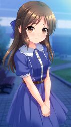 Rule 34 | 1girl, artist name, blue bow, blue dress, bow, brown eyes, brown hair, closed mouth, commentary request, cowboy shot, dress, frown, hair bow, highres, idolmaster, idolmaster cinderella girls, idolmaster cinderella girls u149, irori (irorixc), looking at viewer, puffy short sleeves, puffy sleeves, short sleeves, solo, tachibana arisu